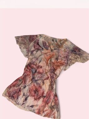 Roz & Ali Floral Lace Watercolor Short Sleeve Top in Pink, Mauve & Cream